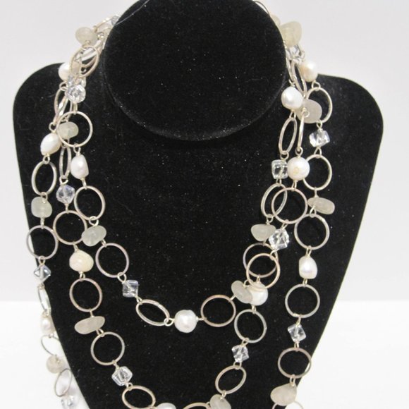 ASKA Long Chain Layered Necklace Silver Toned White Beads Clear Square Pendant - Picture 2 of 13